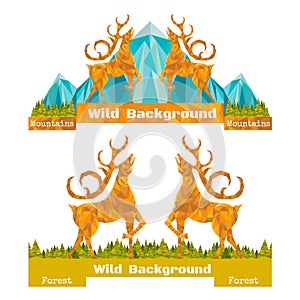 Two banner crumpled paper background with deer opposing and forest and mountains on horizon photo