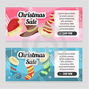 Two banner flat style christmas template with colored socks