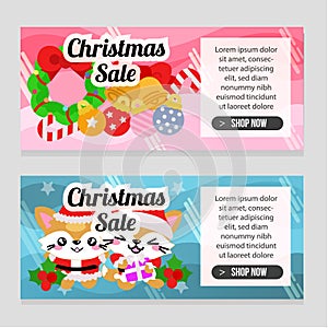 Two banner flat style christmas template with cute cat characters