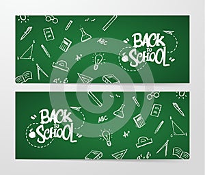 Two banner with lettering of Back to School and doodles supplies on blackboard background