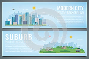 Two banners with City landscape and suburban landscape. Building architecture, cityscape town. Vector