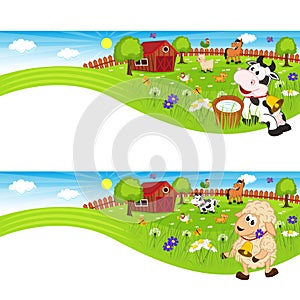 Two banners with farm animals in barnyard