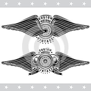 Two banners with motorbike wheel in side view between skulls and wings. Vintage motorcycle design isolated on white