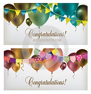 Two banners with multicolored flying balloons, paper garlands and confetti photo