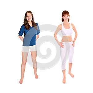 Two barefoot young women wearing sportswear