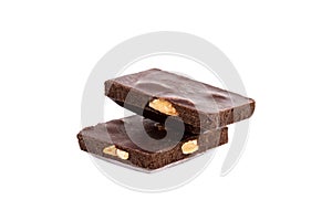 two bars of chocolate with nuts in isolation on a white background