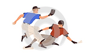 Two baseball players rivals playing, struggling at sport game match, competition. Athletes opponents competitors from