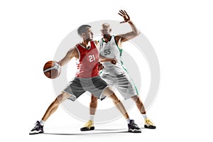 Two basketball player in motion and action. Basketball. Sport emotion. In white