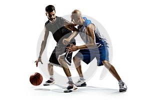 Two basketball players in action