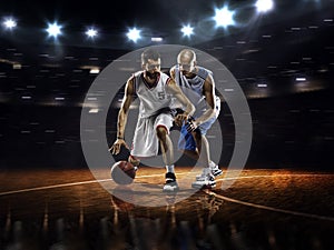 Two basketball players in action