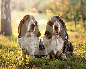 Two Basset Hounds sits side by side in the dawn rays. Cute dogs in summer park. Portrait of cheerful pets