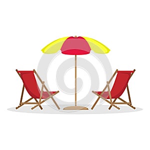 Two beach beds with sun umbrella. Vector illustration