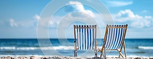 Two beach chairs at the beautiful summer beach with copy space