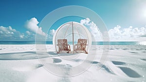 Two beach chairs inside a protection dome on a white sand beach on sunny summer day