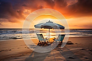 Two beach chairs and a little table with a colorful parasol directly on the beach during sunset created with generative AI