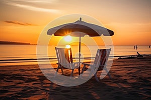 Two beach chairs and a little table with a colorful parasol directly on the beach during sunset created with generative AI
