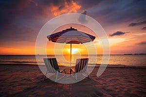 Two beach chairs and a little table with a colorful parasol directly on the beach during sunset created with generative AI