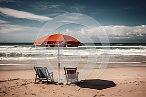 Two beach chairs with a parasol directly on the beach created with generative AI technology