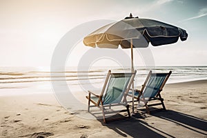 Two beach chairs with a parasol directly on the beach created with generative AI technology