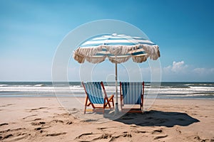 Two beach chairs with a parasol directly on the beach created with generative AI technology