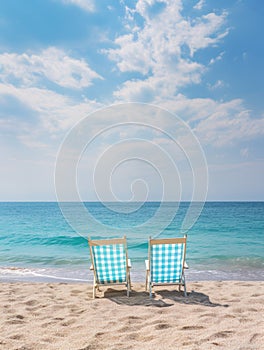 Two beach chairs on sea shore near water under blue clear sky. Stunning seascape background, summer vacation concept