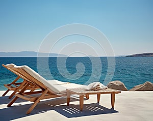 Two beach chairs on sea shore near water under blue clear sky. Stunning seascape background, summer vacation concept. Created with