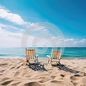Two beach chairs on sea shore under blue clear sky. Stunning beach background, summer vacation concept