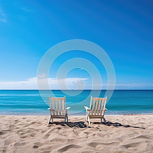 Two beach chairs on sea shore under blue clear sky. Stunning beach background, summer vacation concept