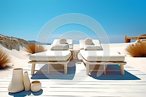 Two beach chairs on sea shore under blue clear sky. Stunning beach background, summer vacation concept. Created with generative Ai