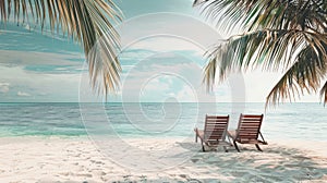 Two beach chairs are set up on the sand, facing the ocean