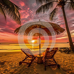 Two beach chairs situated in front of a beautiful orange and pink sunset, with a white umbrella
