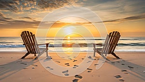 Two beach chairs at sunset overlooking ocean