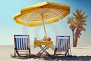 Two beach chairs and table under the parasol, on tropical beach shore. Summer holiday, vacation background