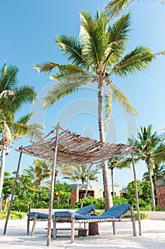 Two beach chairs with towels near pool. Lounge chairs with shelter under palm trees. Paradise hotel on coastline. Empty resort.