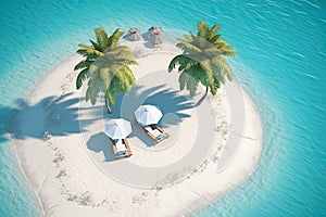 Two Beach Chairs on Tropical Island. AI generative
