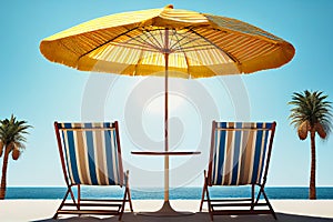 Two beach chairs on tropical shore. Abstract summer holiday background