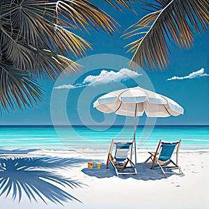 two beach chairs and an umbrella on the beach