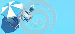 Two beach chairs and umbrella on blue background, summer concept