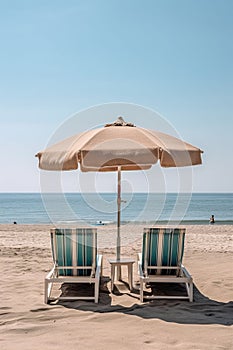 Two beach chairs and an umbrella in the sand near the blue ocean, AI-generated.