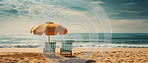 Two beach chairs and an umbrella on the sandy beach, generative ai