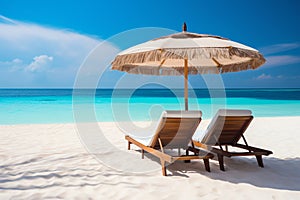 Two beach chairs and an umbrella on a sandy shore. Serene seaside scene for relaxation and vacation vibes