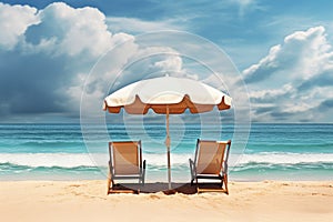 Two beach chairs and umbrella on a tropical beach. 3d rendering, Chairs And Umbrella In Tropical Beach - Seascape Banner, AI