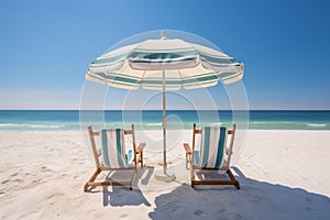 Two beach chairs and an umbrella on a white sand beach. Generative AI