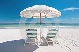 Two beach chairs and an umbrella on a white sand beach. Generative AI