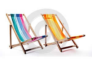 Two beach chairs on a white background. Generative AI