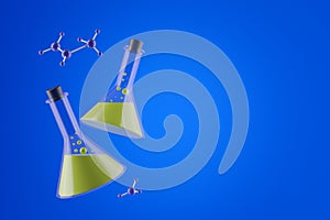 Two beakers over blue background, chemistry concept