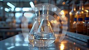 two beakers on a table in a laboratory,