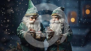 Two bearded elves carrying gifts on Christmas night, helpers of Santa Claus in winter, funny characters on snow background.