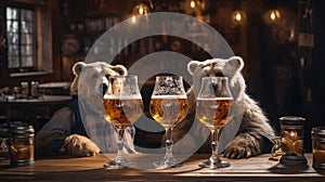 Two bears drinking beer in pub. Beer glasses on table