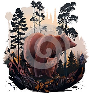 Two bears in the forest among the leaves